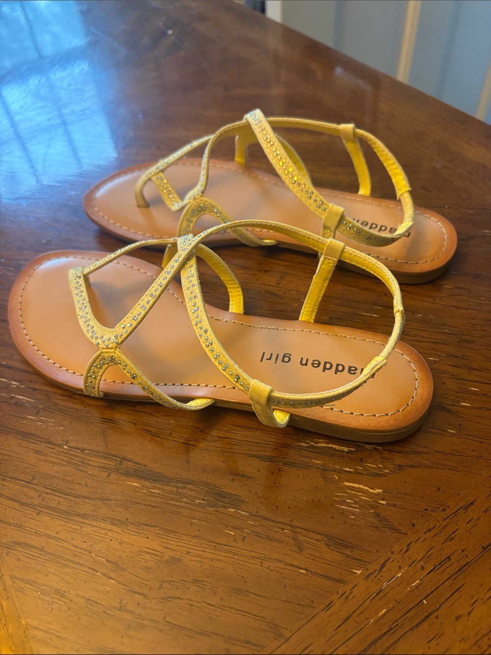 NWT Madden Girl Kissesss Yellow Rhinestone T-Strap Sandals